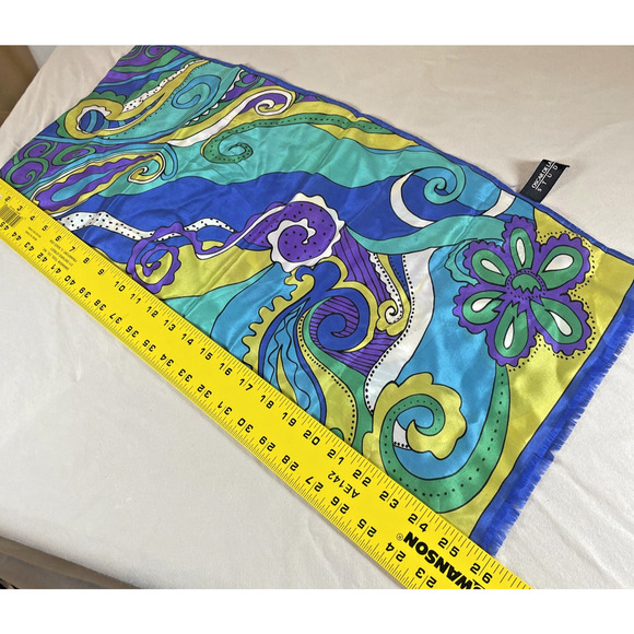 Oscar De La Renta 100% Silk Scarf Vtg Vivid Bright Pattern Blue Purple Green - Picture 11 of 12